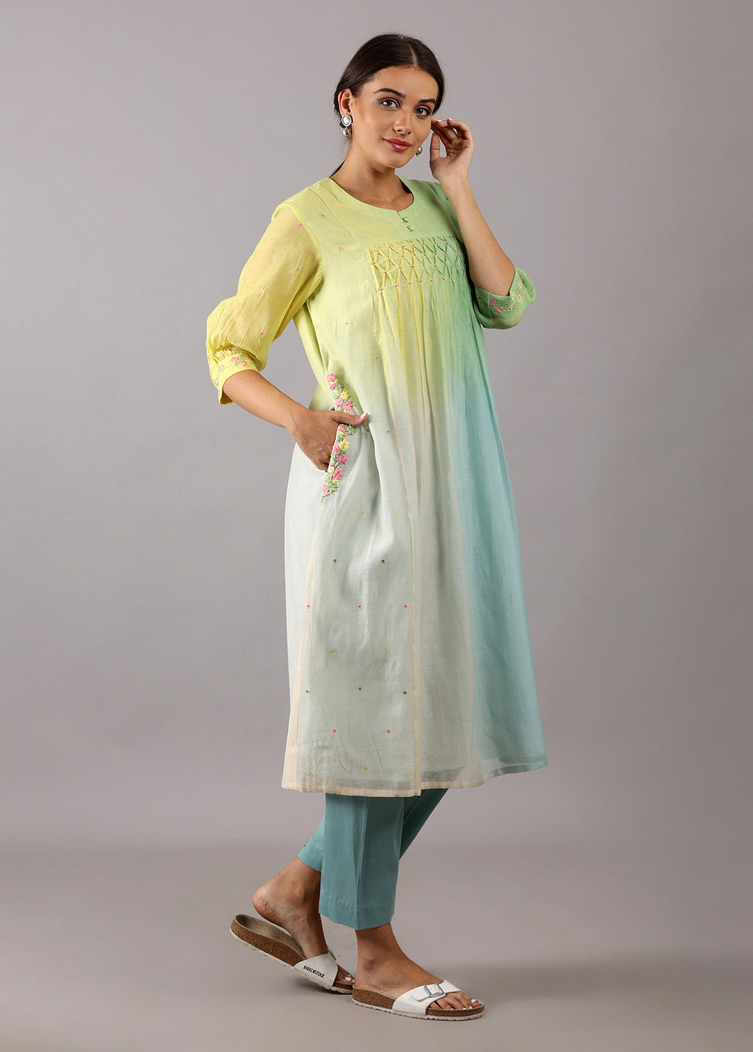GODAVARI – Blue Yellow Pastel Ombre Smocking Kurta Set