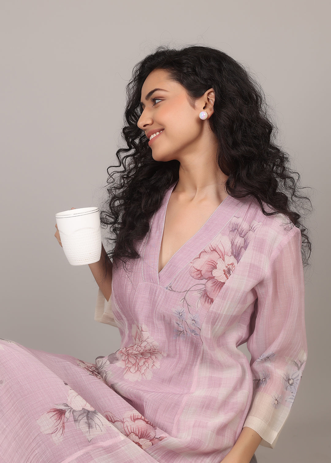 Lilac A-line Floral Kurta Set