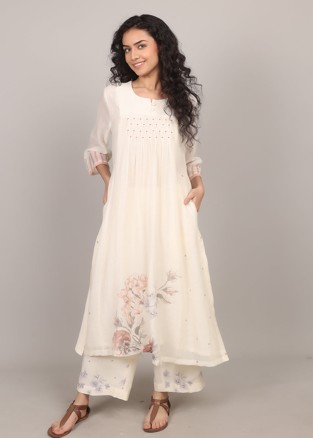 Ivory Smocking Floral Kurta Set
