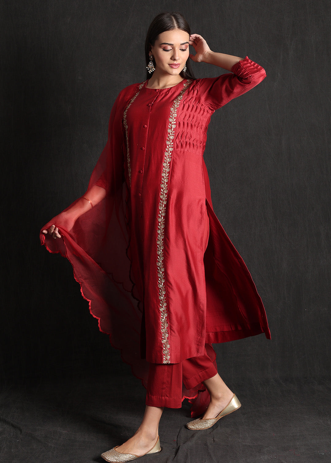 NIDA- Reddish Maroon Pleated Kurta Set