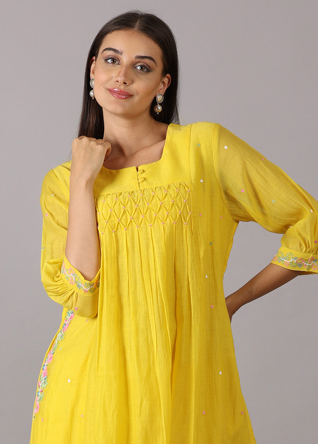 GODAVARI - Yellow Smocking Kurta Set