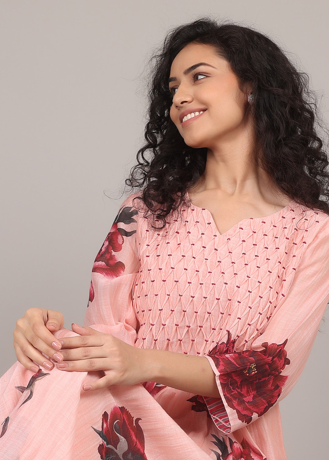 Peachy Pink Floral Smocking Kurta Set
