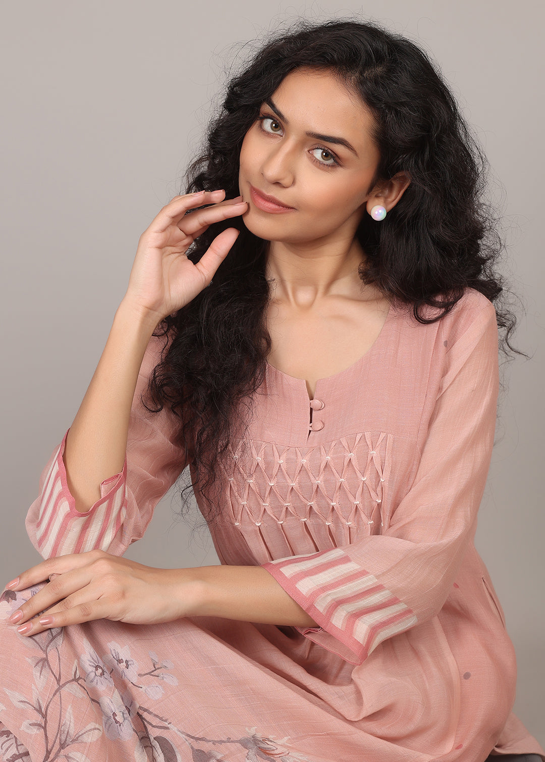 Nude Pink Floral Smocking Floral Kurta Set