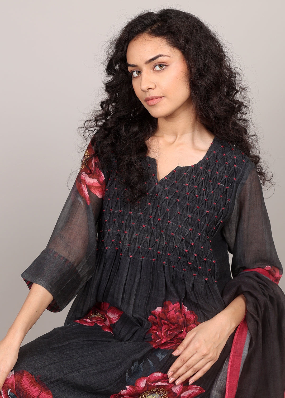 Black Smocking Floral Kurta Set