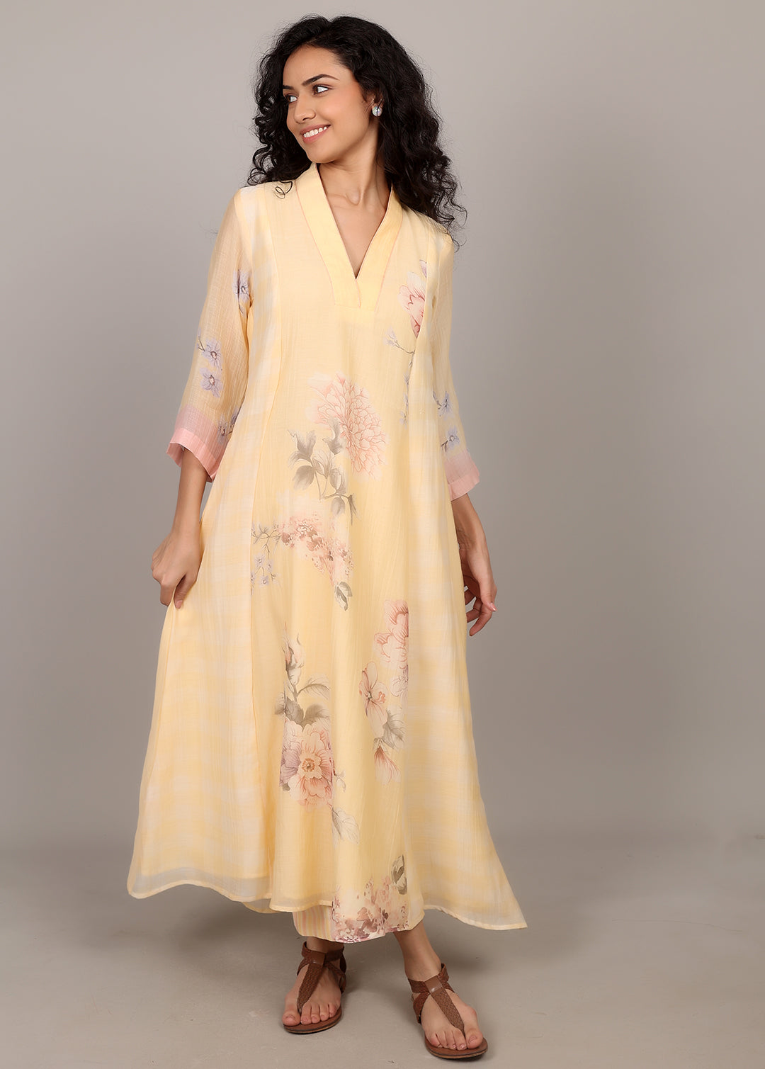 Lemon A-line Floral Kurta Set