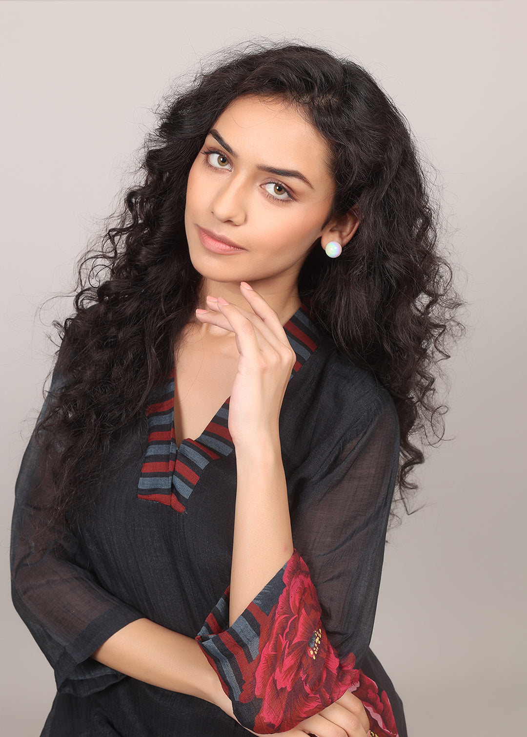 Black Asymmetrical Floral Kurta Set