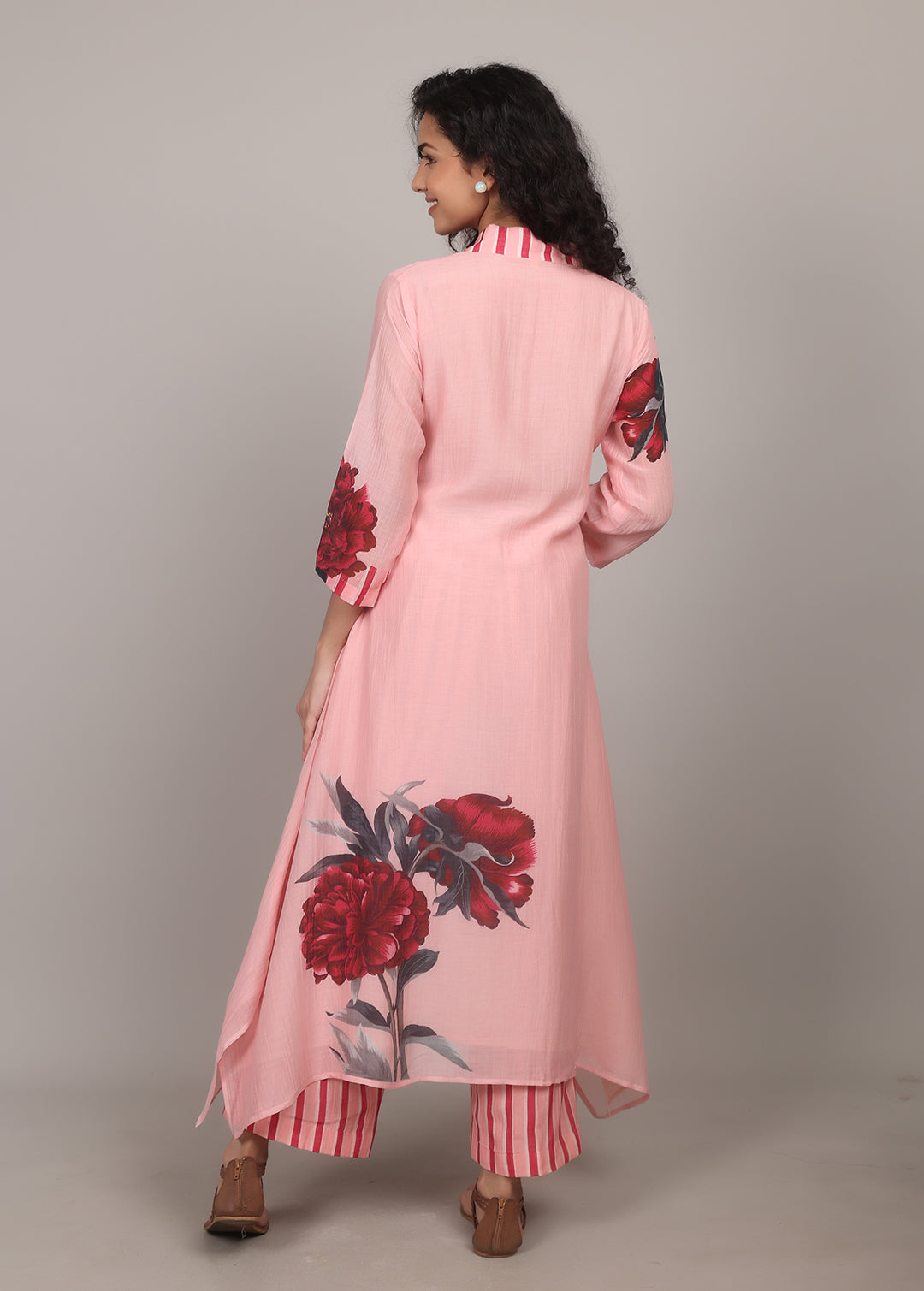 Peachy Pink A-line Floral Kurta Set