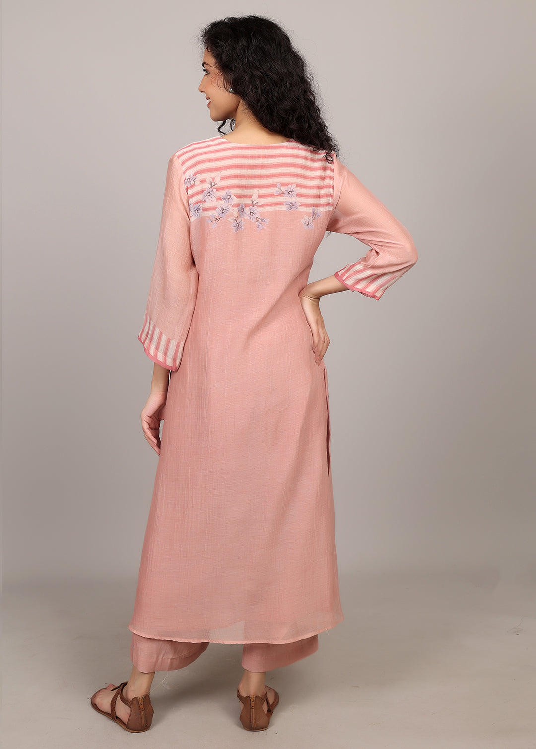 Nude Pink Floral Smocking Floral Kurta Set