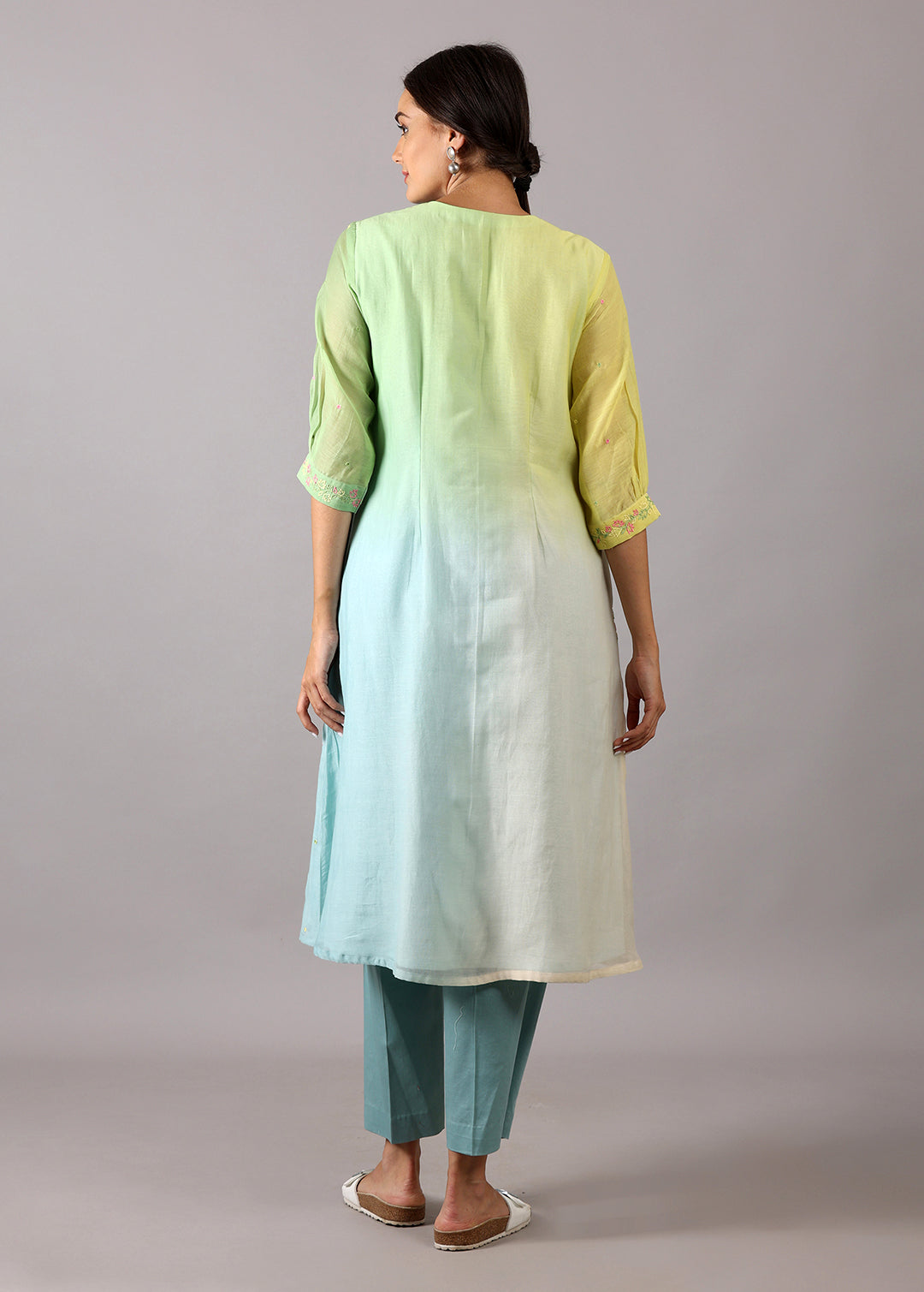 GODAVARI – Blue Yellow Pastel Ombre Smocking Kurta Set