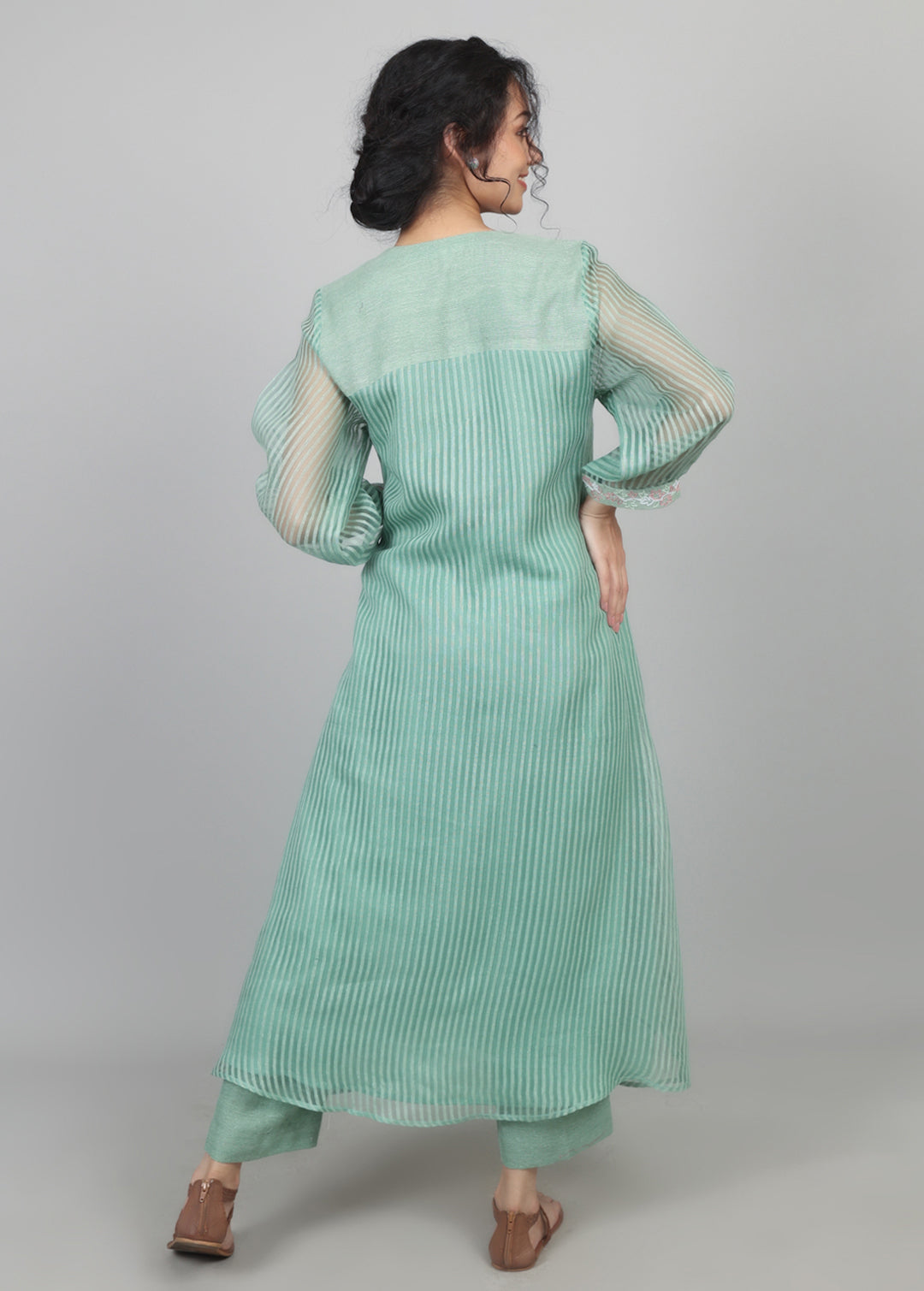 Sage Green Cotton Organza Smocked Kurta Set
