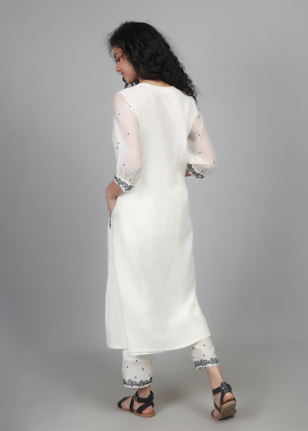 White Smocking Kurta Set with worked pants