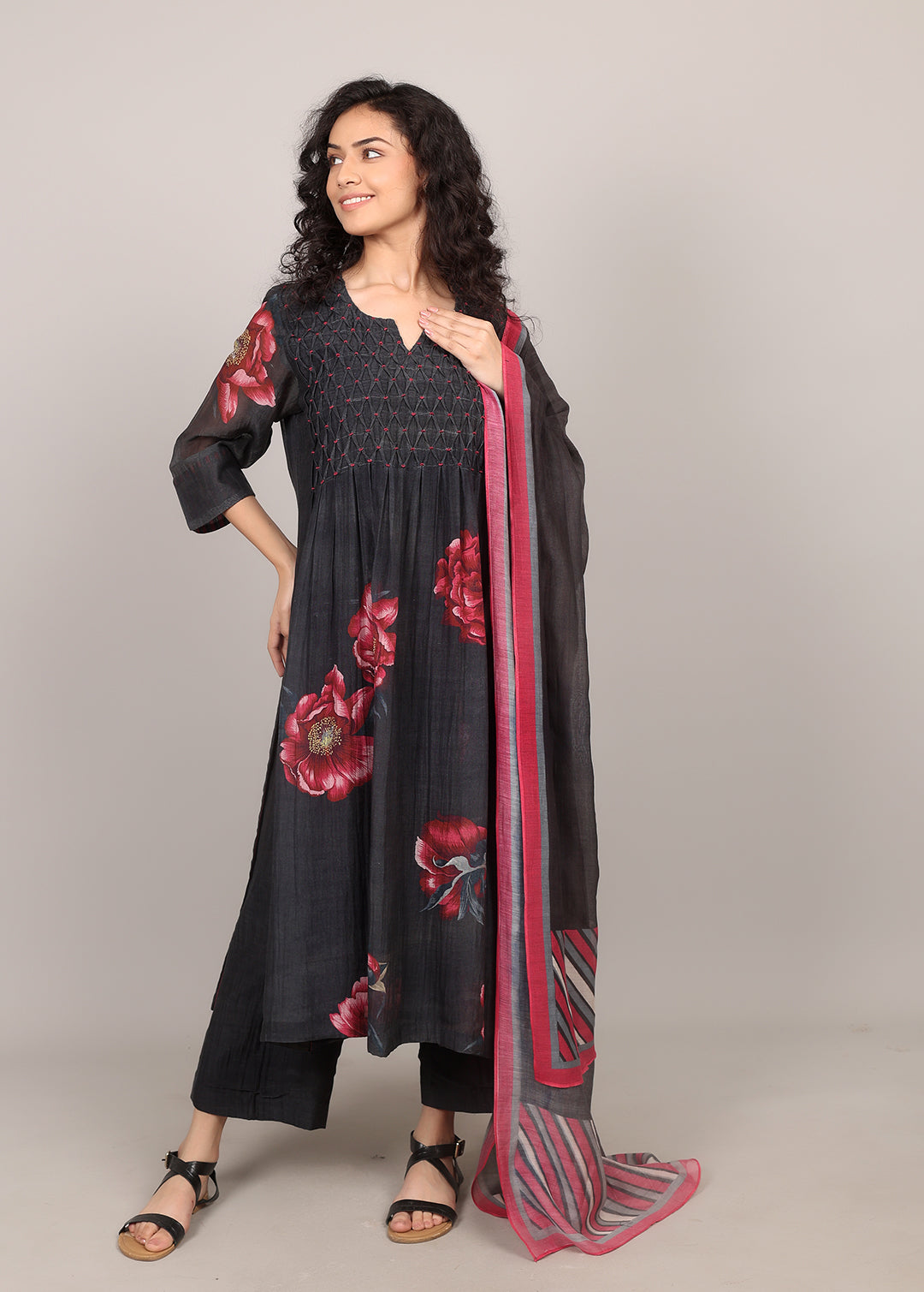 Black Smocking Floral Kurta Set
