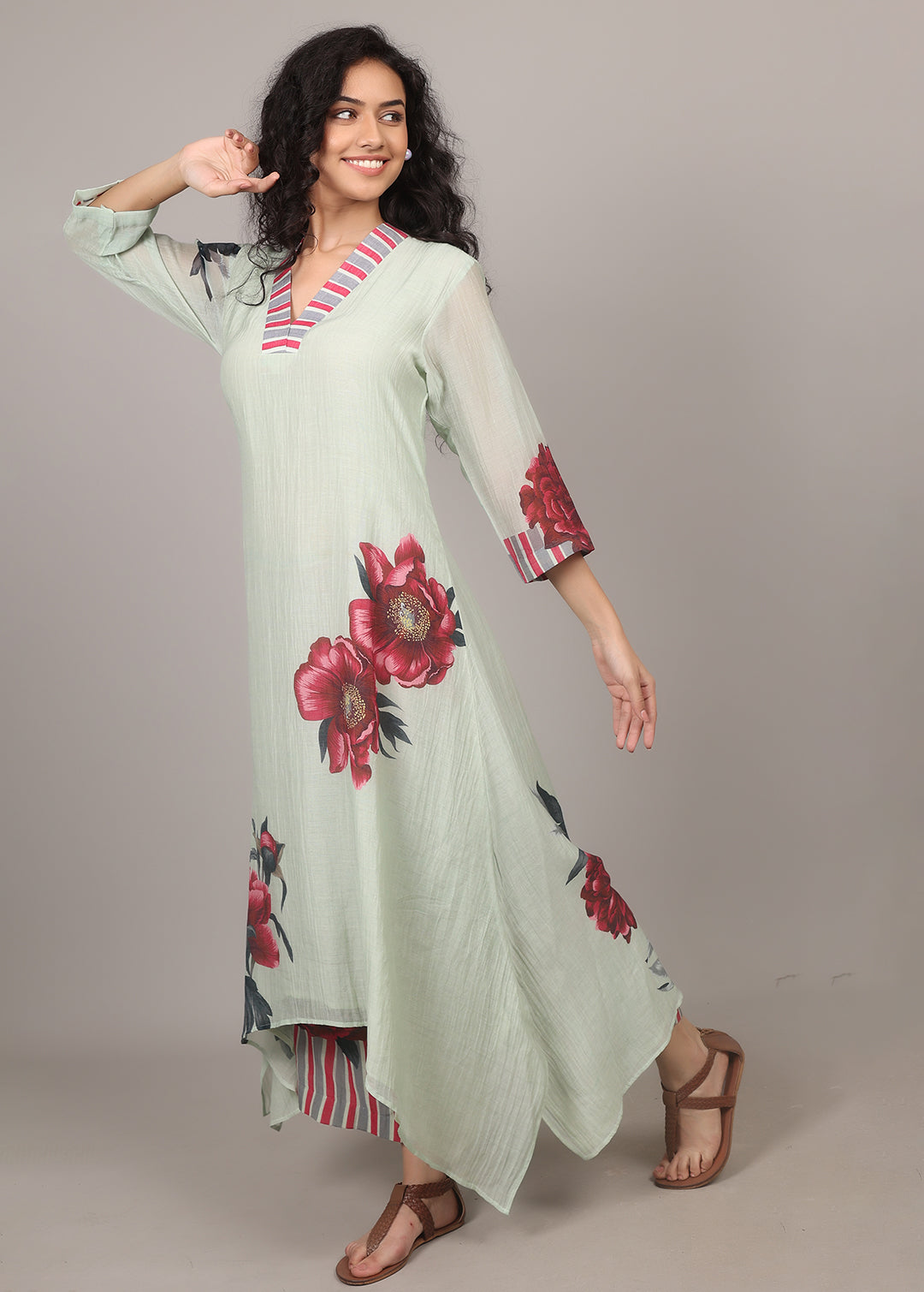 Pista A-line Floral Kurta Set