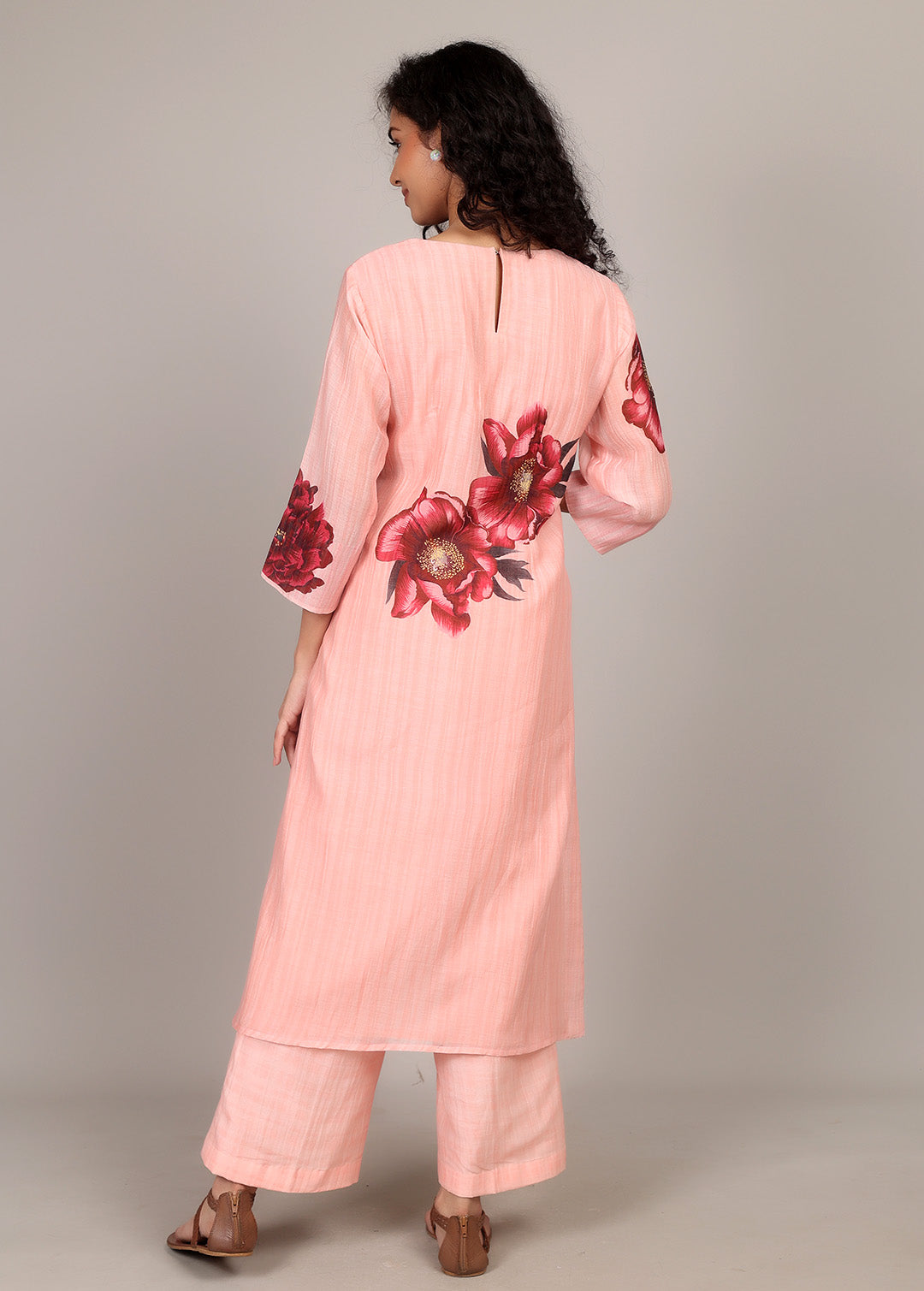 Peachy Pink Floral Smocking Kurta Set