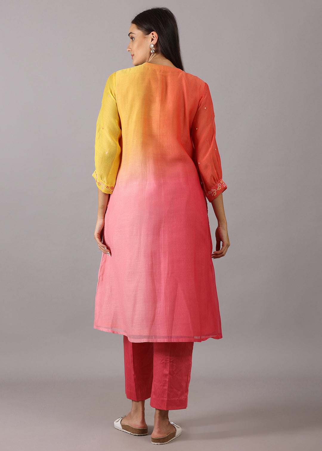 GODAVARI - Peach Yellow Ombre Smocking Kurta Set