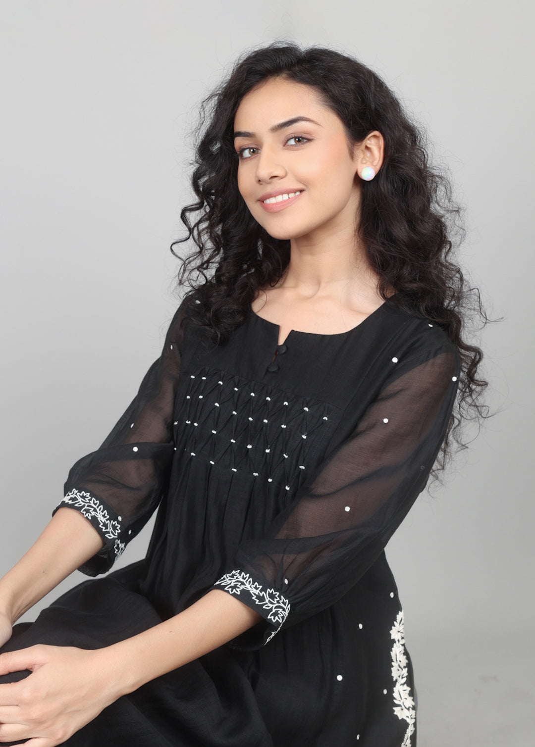Black Smocking Kurta Set with worked pants