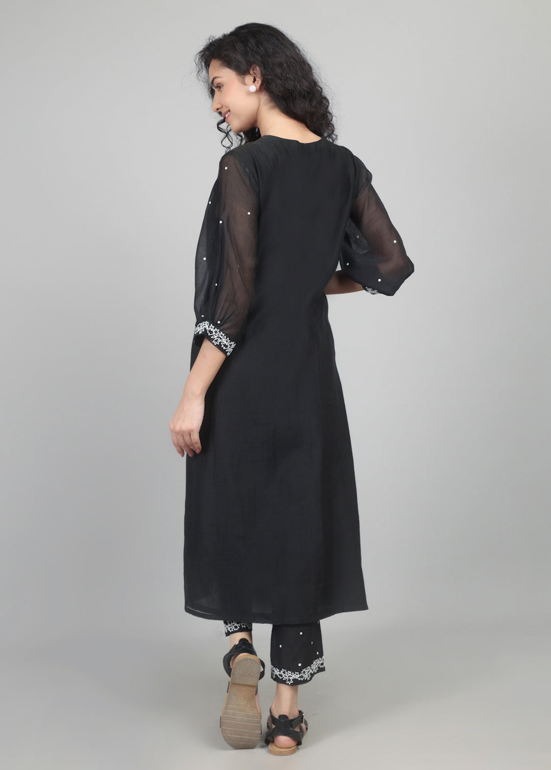 Black Smocking Kurta Set with worked pants