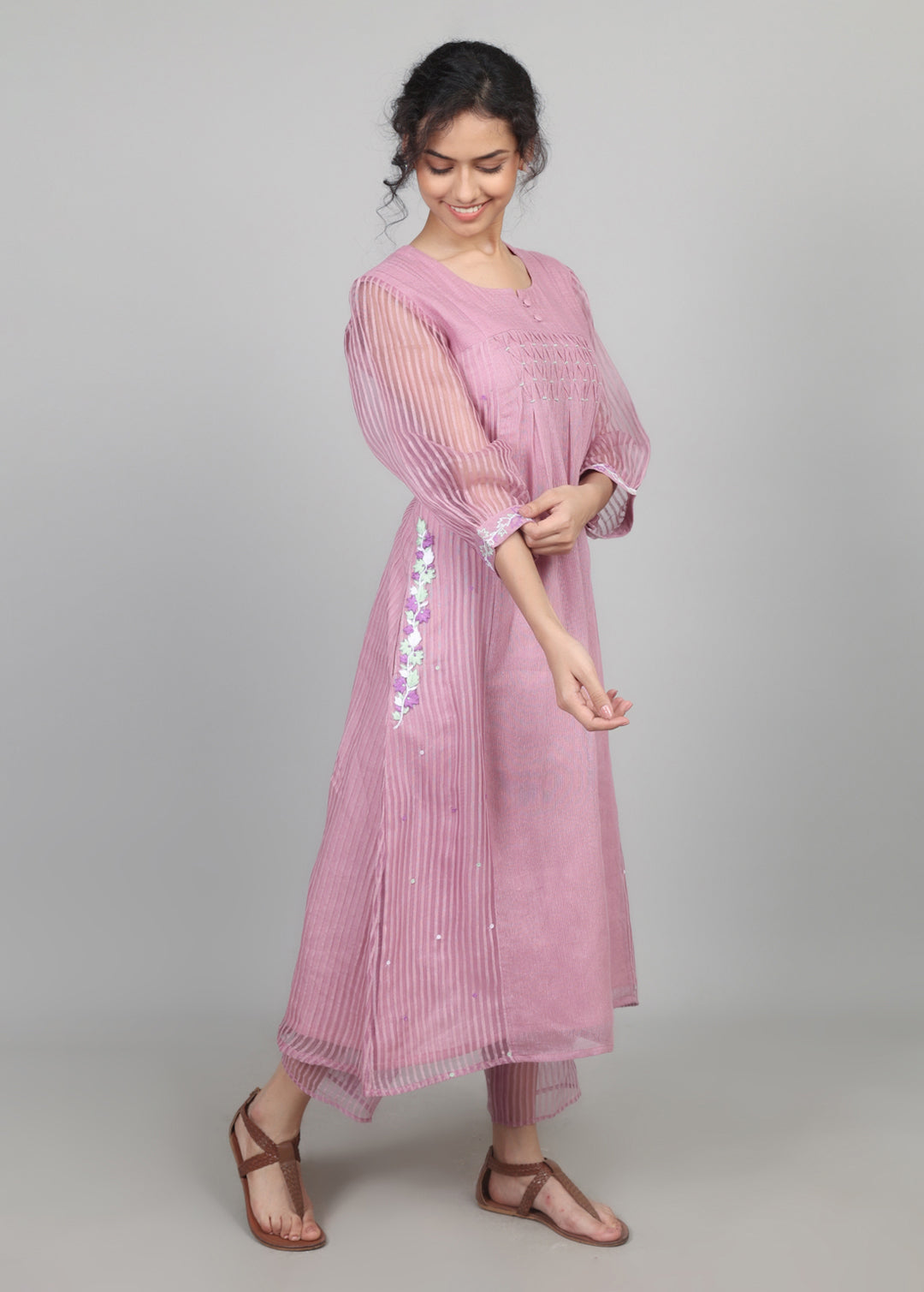 Lilac Cotton Organza Smocked Kurta Set
