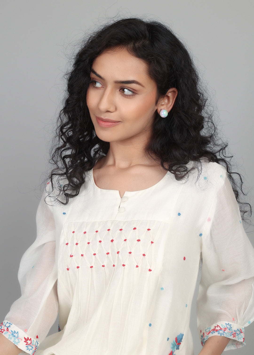 Ivory Mul Chanderi Smocking Kurta Set