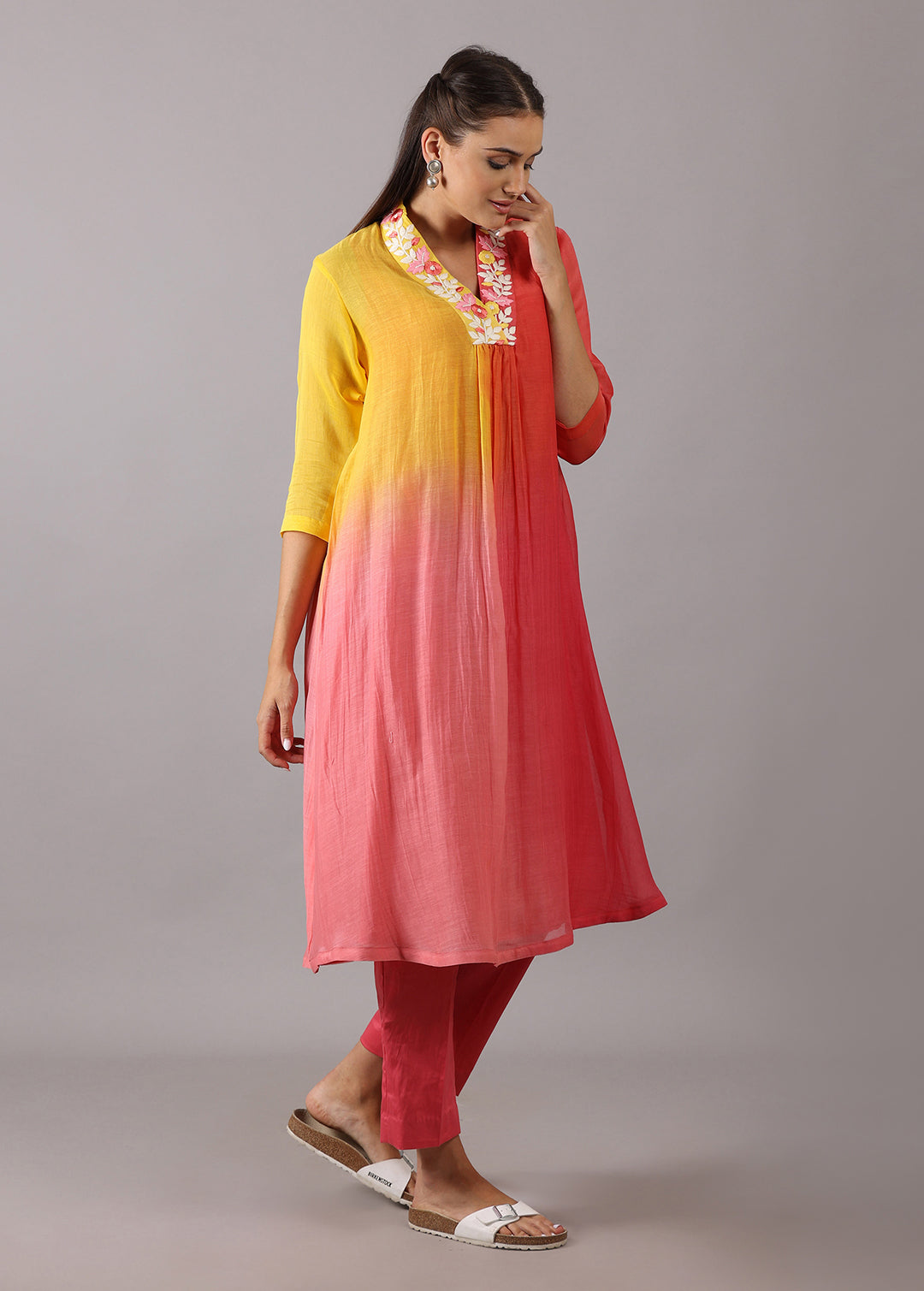 GULMOHAR- Peach Yellow Ombre Overlap Kurta Set