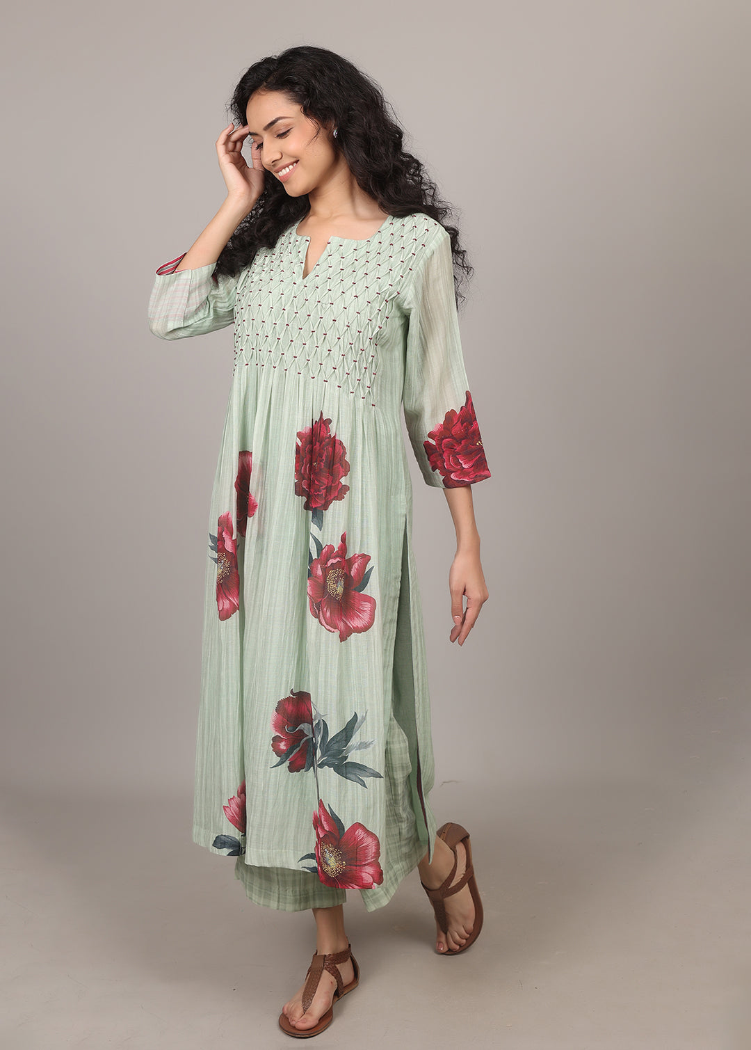 Pista Green Smocking Floral Kurta Set