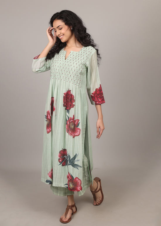 Pista Green Smocking Floral Kurta Set