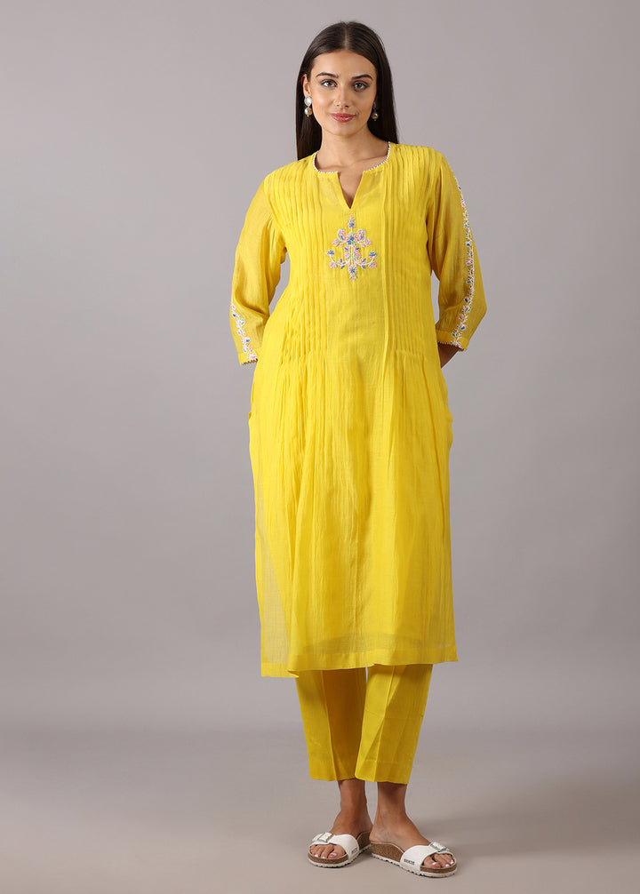 CHAMPA - Pleated Yellow Chanderi Kurta Set