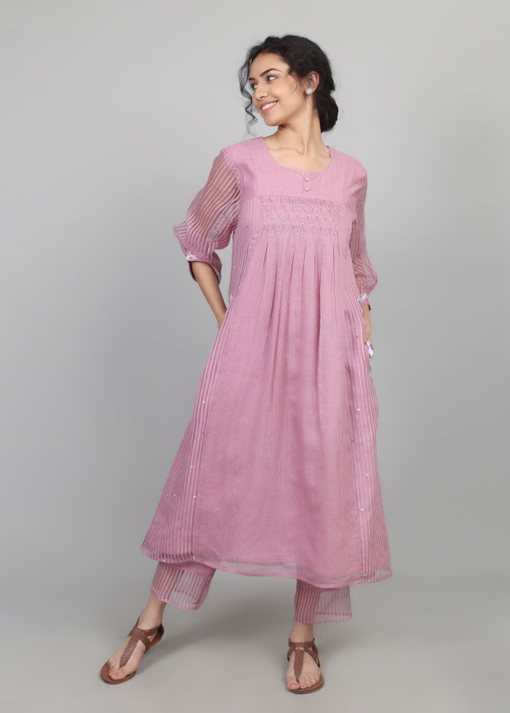 Lilac Cotton Organza Smocked Kurta Set