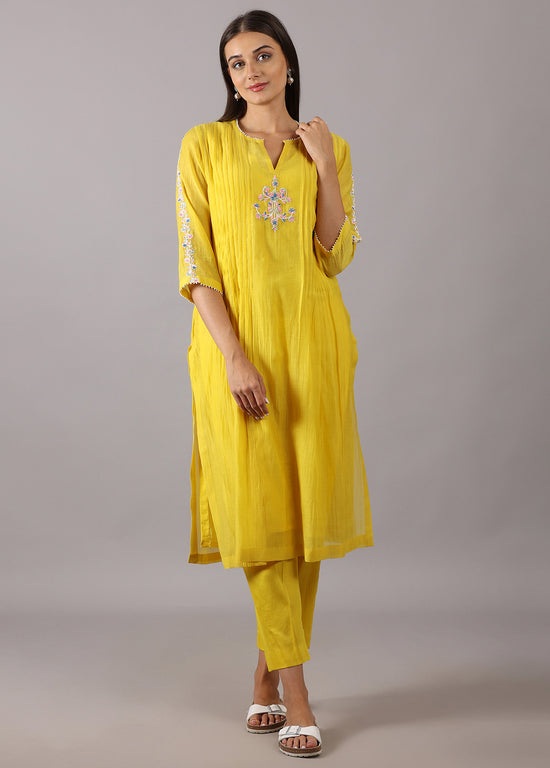 CHAMPA - Pleated Yellow Chanderi Kurta Set