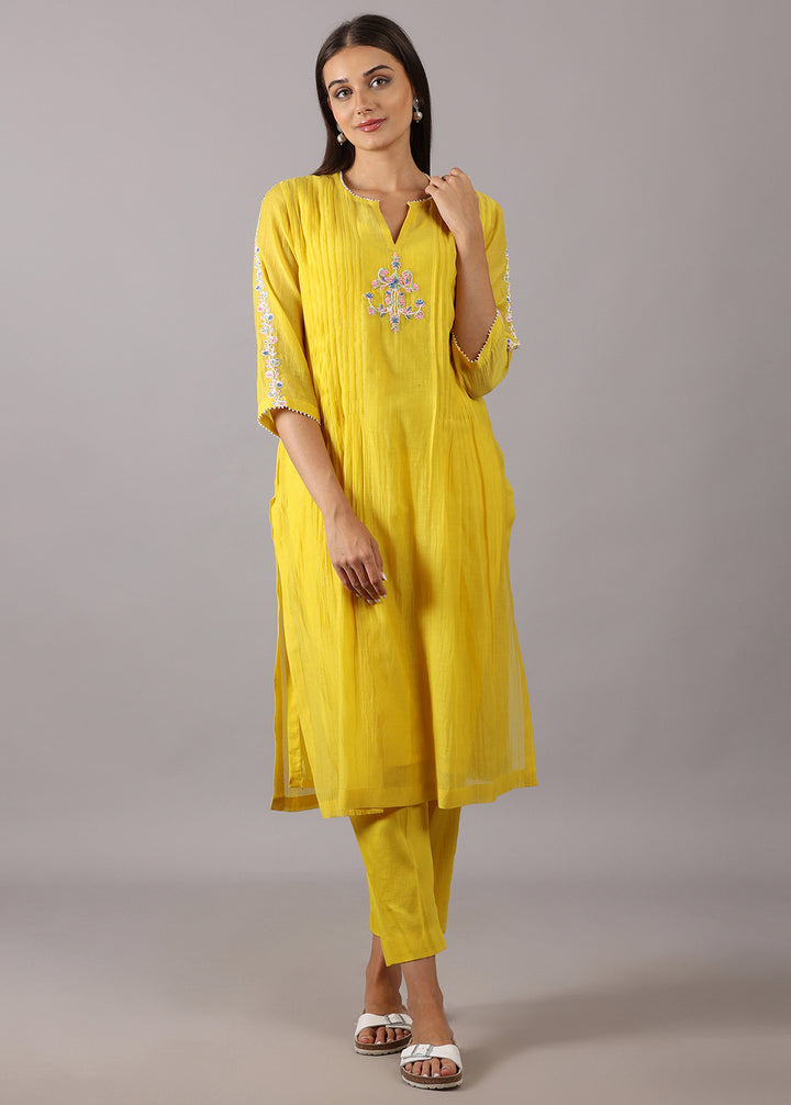 CHAMPA - Pleated Yellow Chanderi Kurta Set