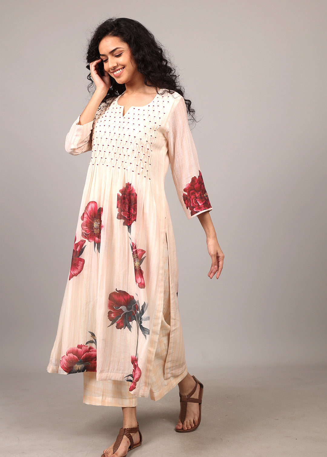 Ivory Floral Smocking Kurta Set