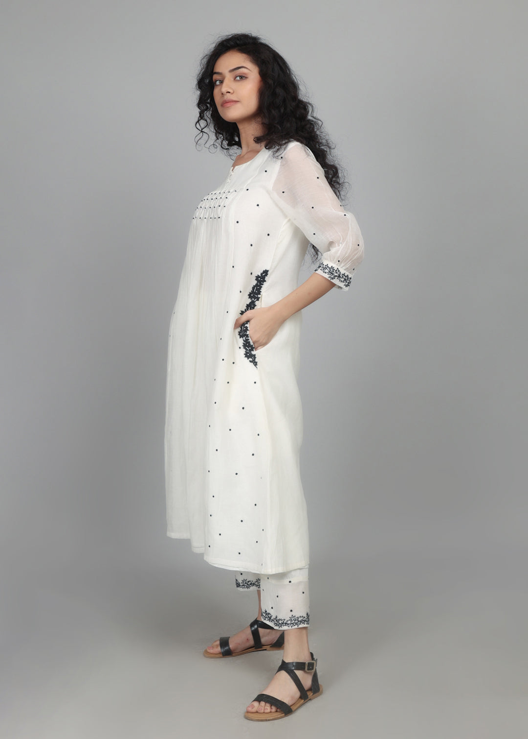 White Smocking Kurta Set with worked pants