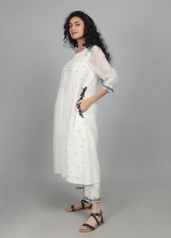 White Smocking Kurta Set with worked pants