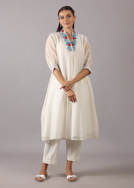 GULMOHAR - Off-white Mul Chanderi Overlap Kurta Set