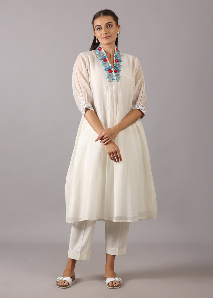 GULMOHAR - Off-white Mul Chanderi Overlap Kurta Set
