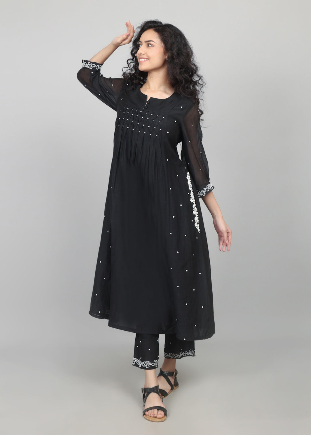 Black Smocking Kurta Set with worked pants