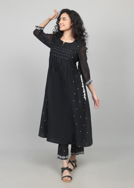 Black Smocking Kurta Set with worked pants