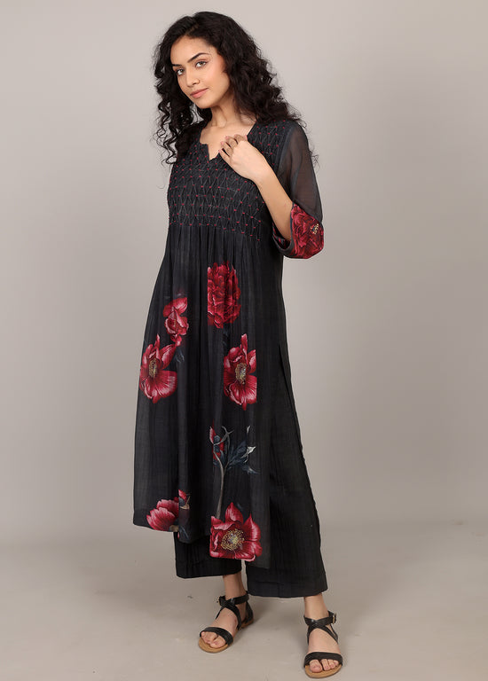 Black Smocking Floral Kurta Set