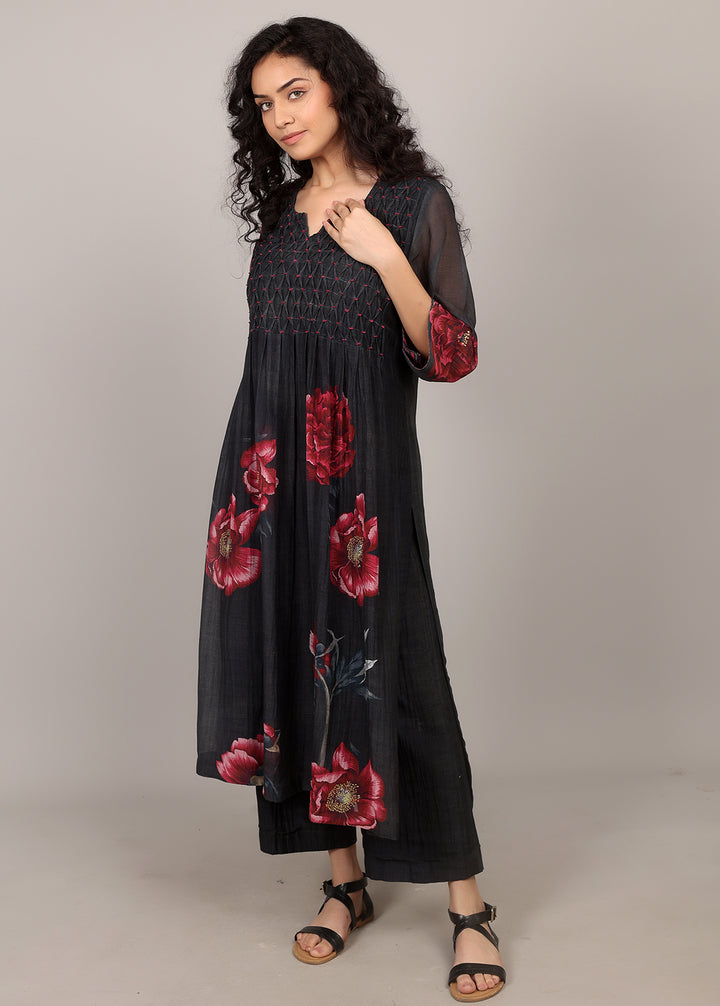 Black Smocking Floral Kurta Set