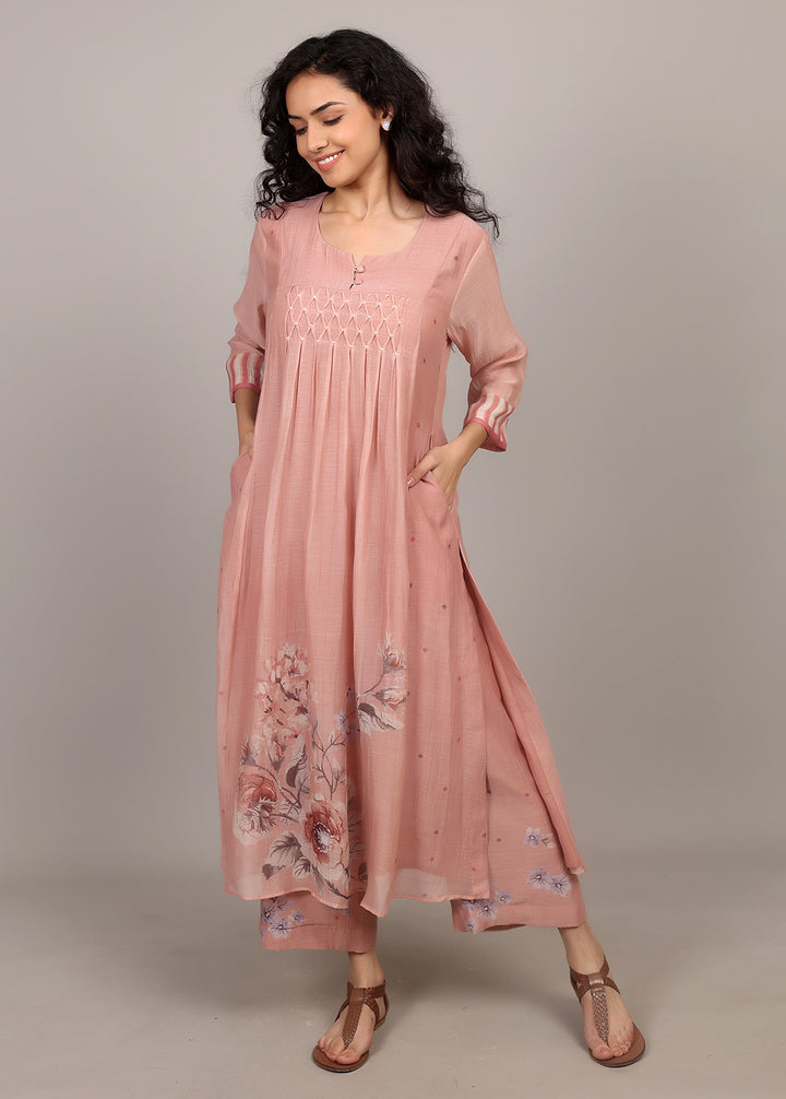 Nude Pink Floral Smocking Floral Kurta Set