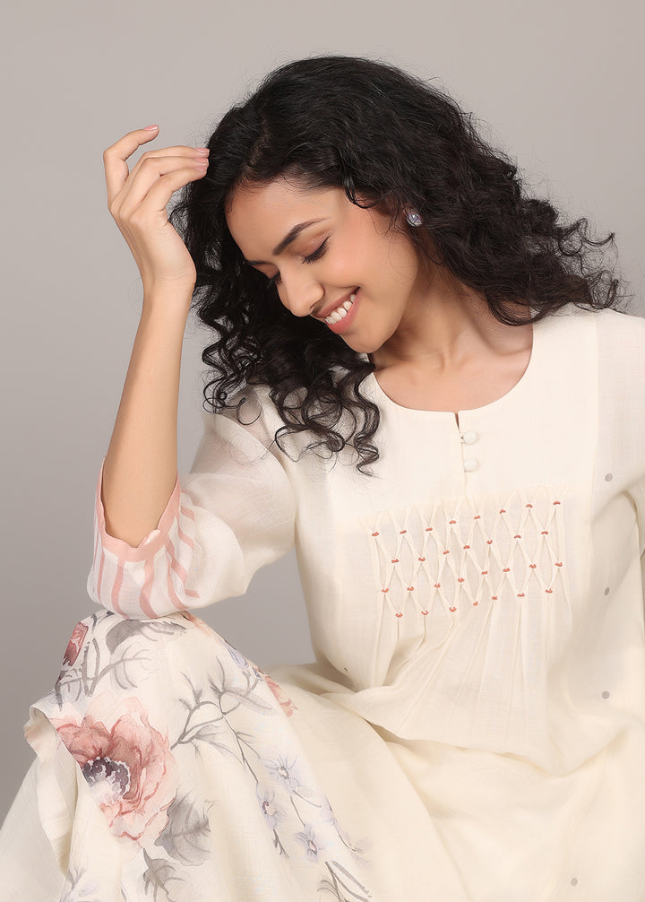 Ivory Smocking Floral Kurta Set