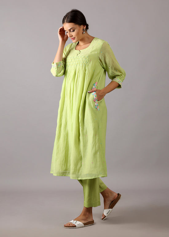 GODAVARI - Lime Green Smocking Kurta Set