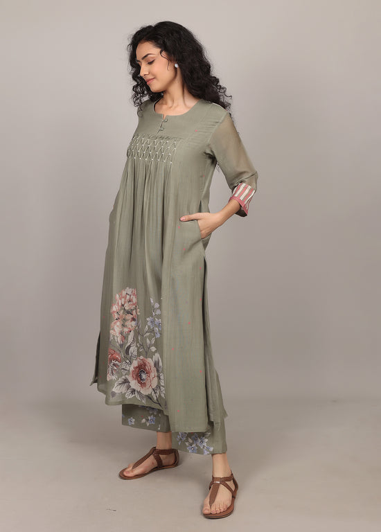 Moss Green Smocking Floral Kurta Set
