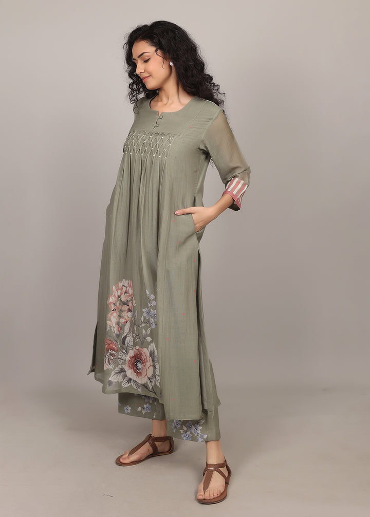 Moss Green Smocking Floral Kurta Set