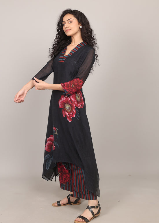 Black Asymmetrical Floral Kurta Set