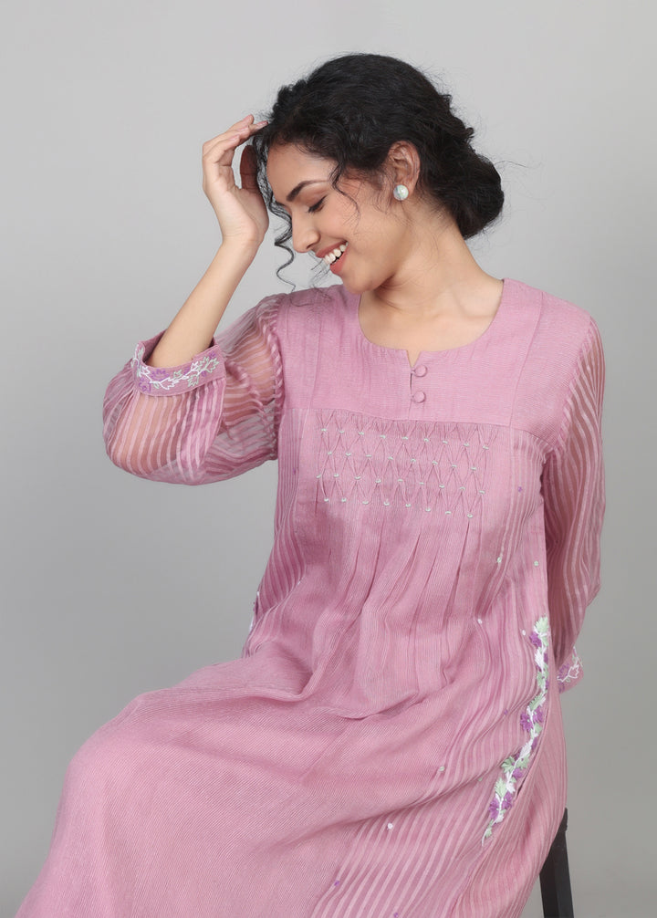 Lilac Cotton Organza Smocked Kurta Set