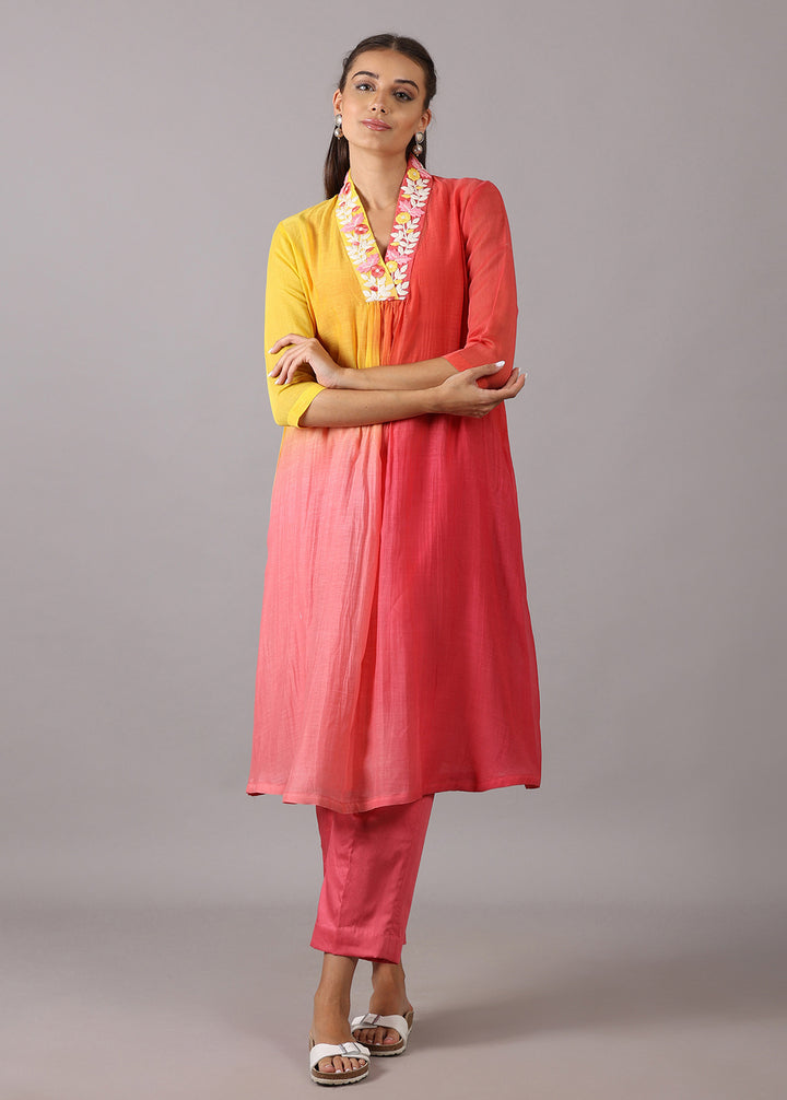 GULMOHAR- Peach Yellow Ombre Overlap Kurta Set