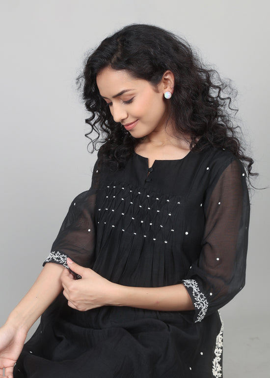 Black Smocking Kurta Set with worked pants