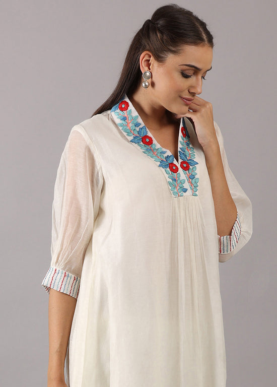GULMOHAR - Off-white Mul Chanderi Overlap Kurta Set