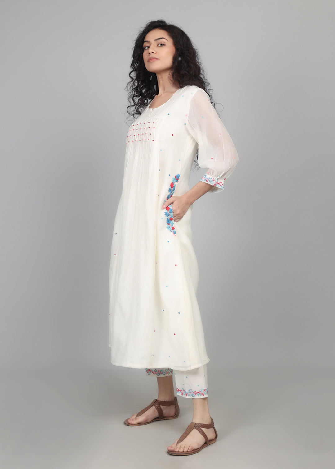 Ivory Mul Chanderi Smocking Kurta Set